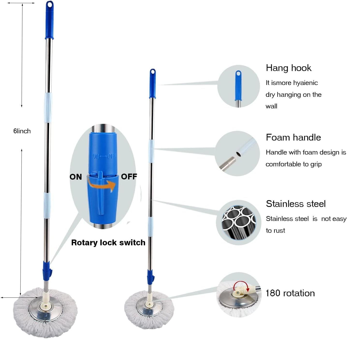 Spin Mop and Bucket with Wringer Set,360° Spin Mop & Bucket Floor Cleaning System Mop Bucket with 61" Adjustable Extended Handle 3 Microfiber Replacement Head Refills