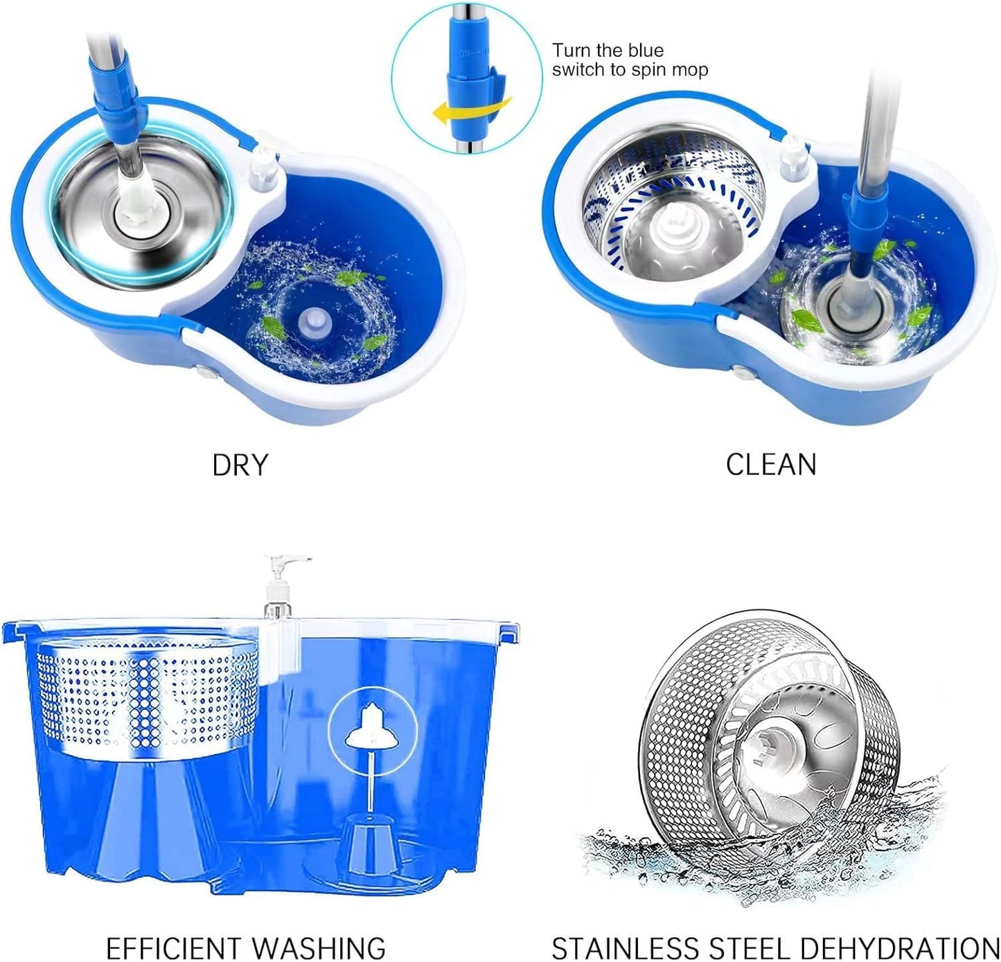 Spin Mop and Bucket with Wringer Set,360° Spin Mop & Bucket Floor Cleaning System Mop Bucket with 61" Adjustable Extended Handle 3 Microfiber Replacement Head Refills