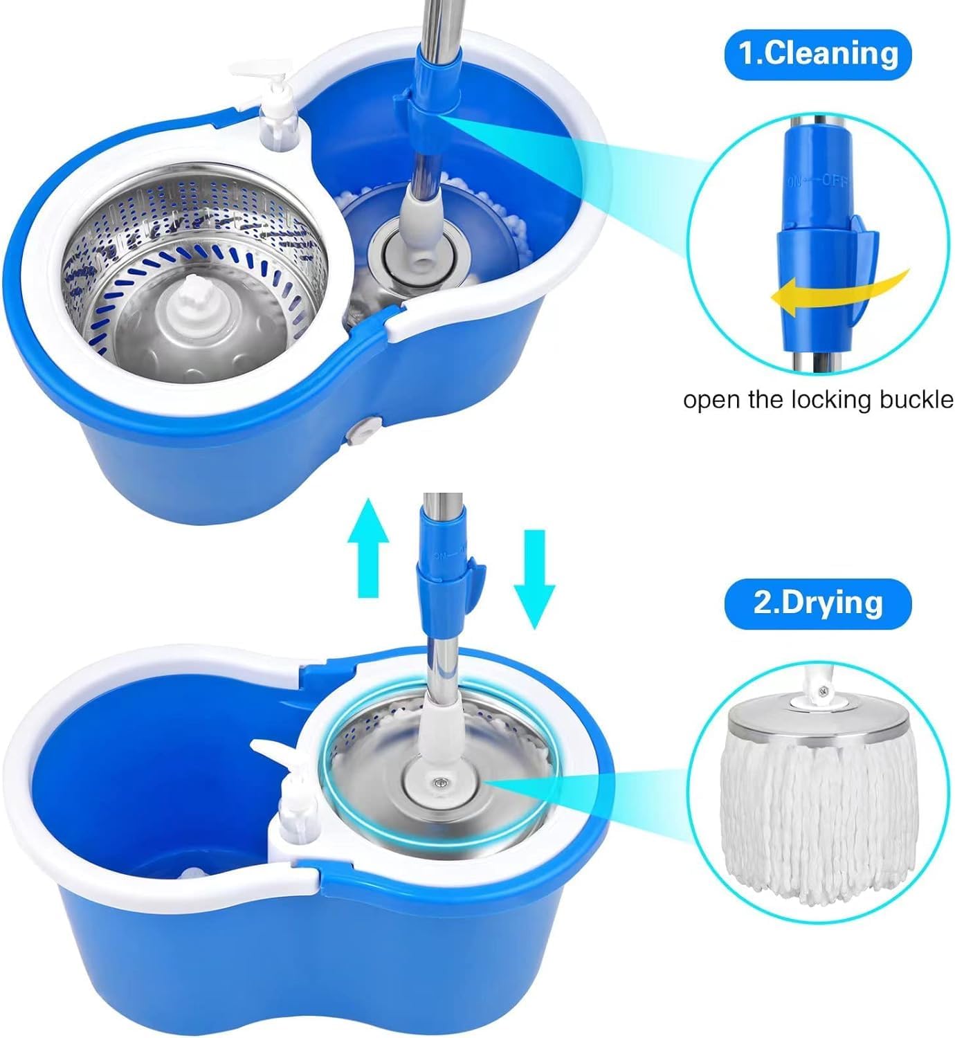 Spin Mop and Bucket with Wringer Set,360° Spin Mop & Bucket Floor Cleaning System Mop Bucket with 61" Adjustable Extended Handle 3 Microfiber Replacement Head Refills