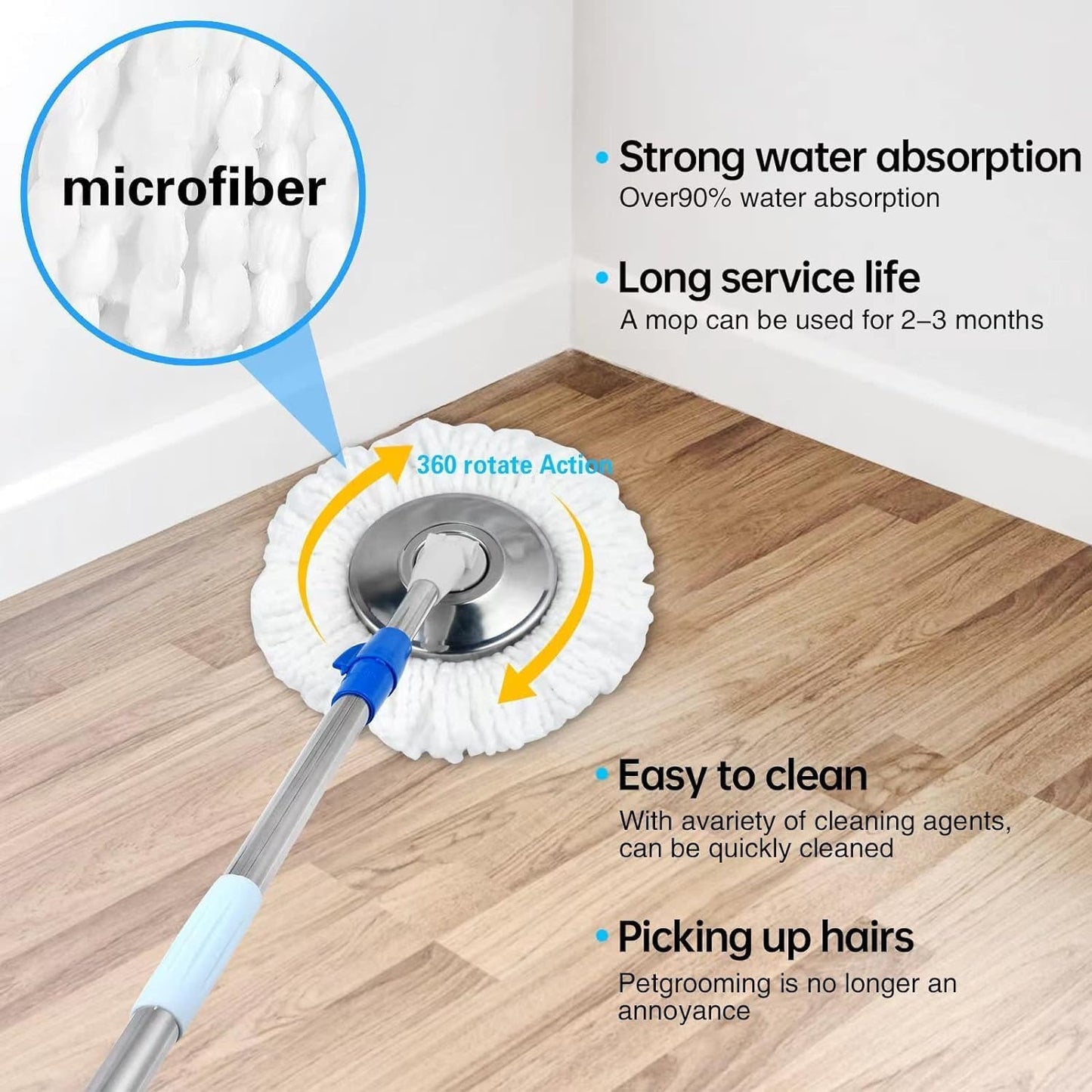 Spin Mop and Bucket with Wringer Set,360° Spin Mop & Bucket Floor Cleaning System Mop Bucket with 61" Adjustable Extended Handle 3 Microfiber Replacement Head Refills