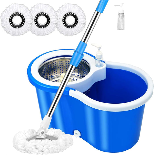 Spin Mop and Bucket with Wringer Set,360° Spin Mop & Bucket Floor Cleaning System Mop Bucket with 61" Adjustable Extended Handle 3 Microfiber Replacement Head Refills