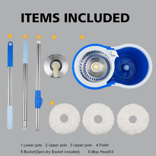 Spin Mop and Bucket with Wringer Set,360° Spin Mop & Bucket Floor Cleaning System Mop Bucket with 61" Adjustable Extended Handle 3 Microfiber Replacement Head Refills